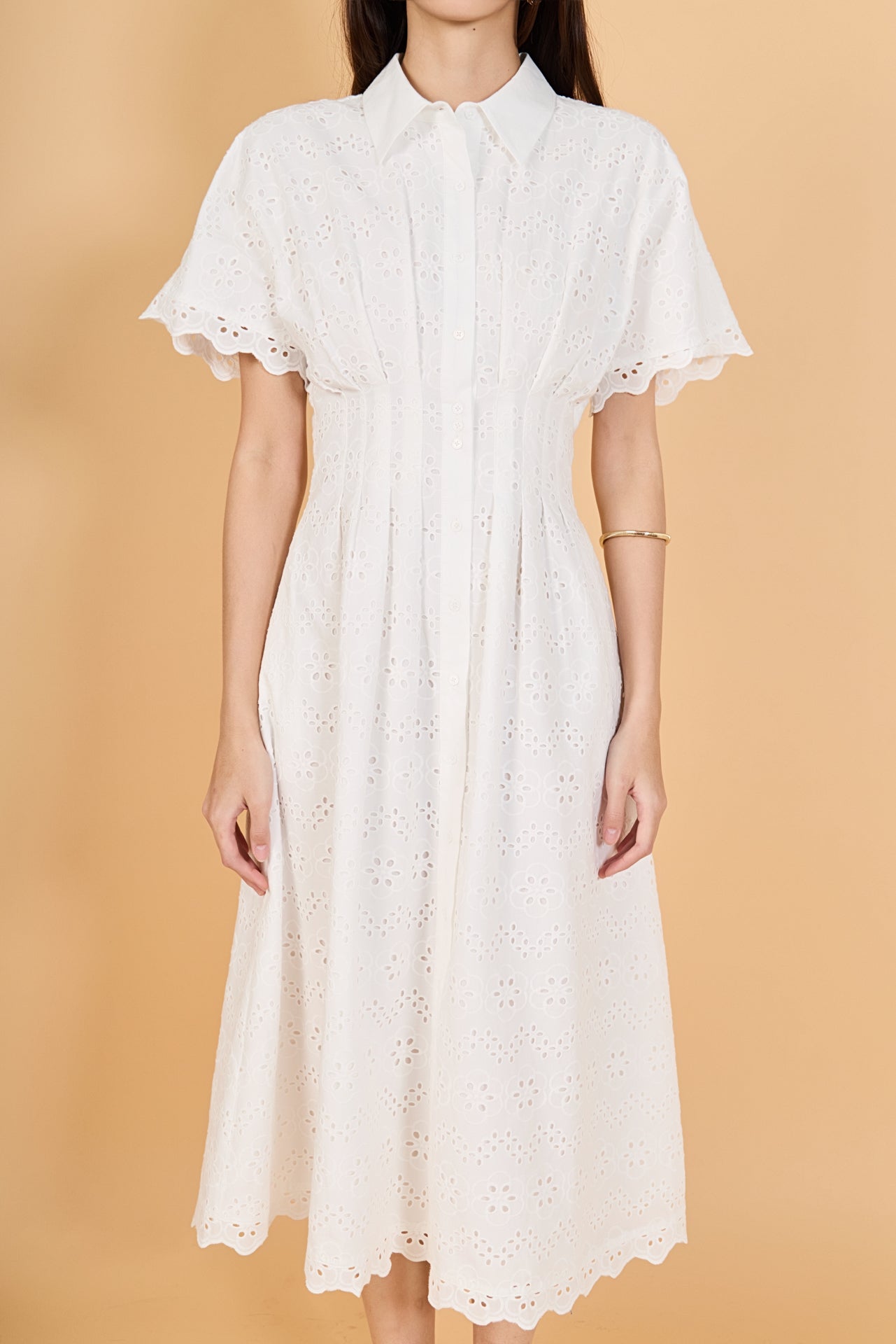 Eyelet Cinched Waist Midi Dress