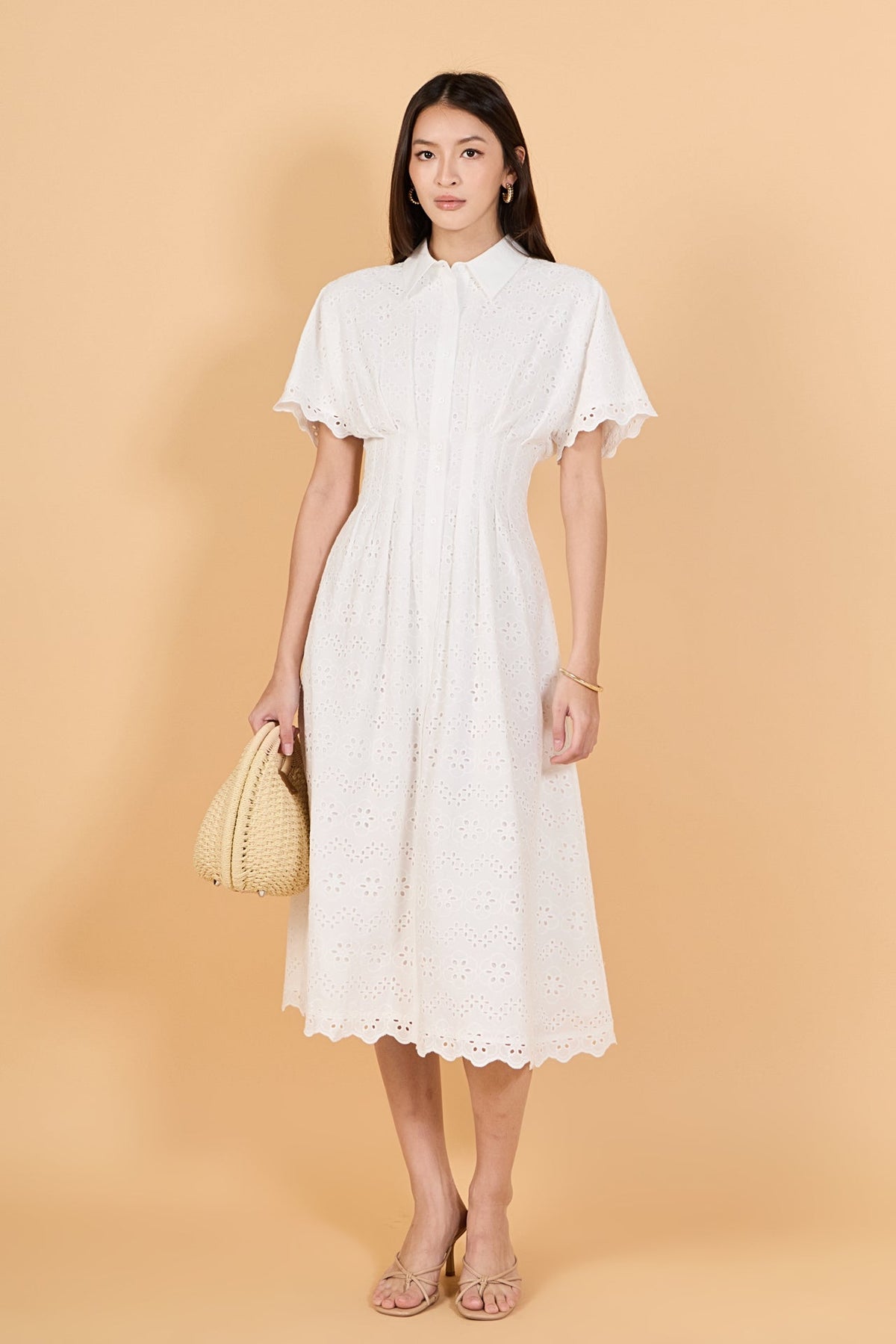 Eyelet Cinched Waist Midi Dress