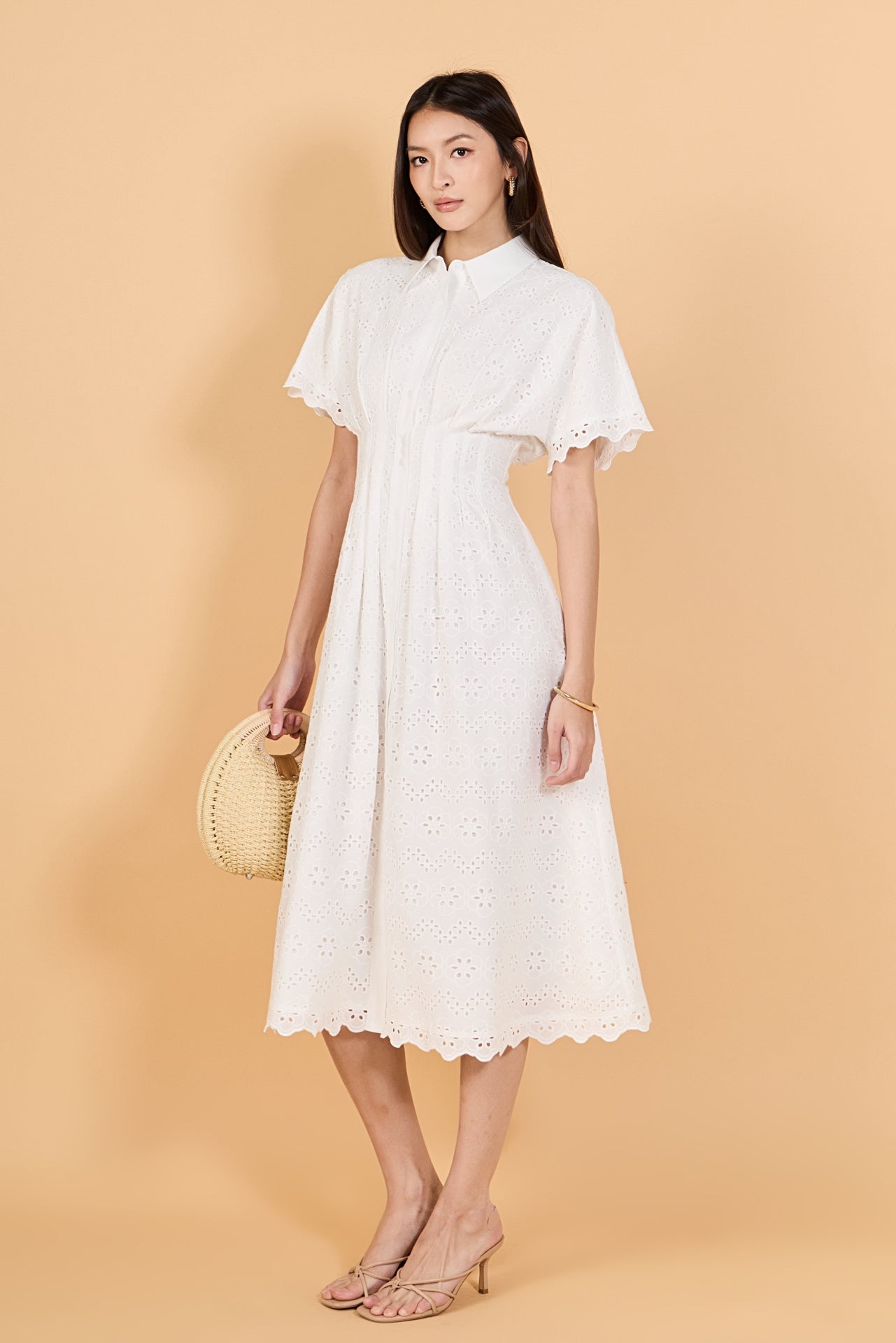 Eyelet Cinched Waist Midi Dress