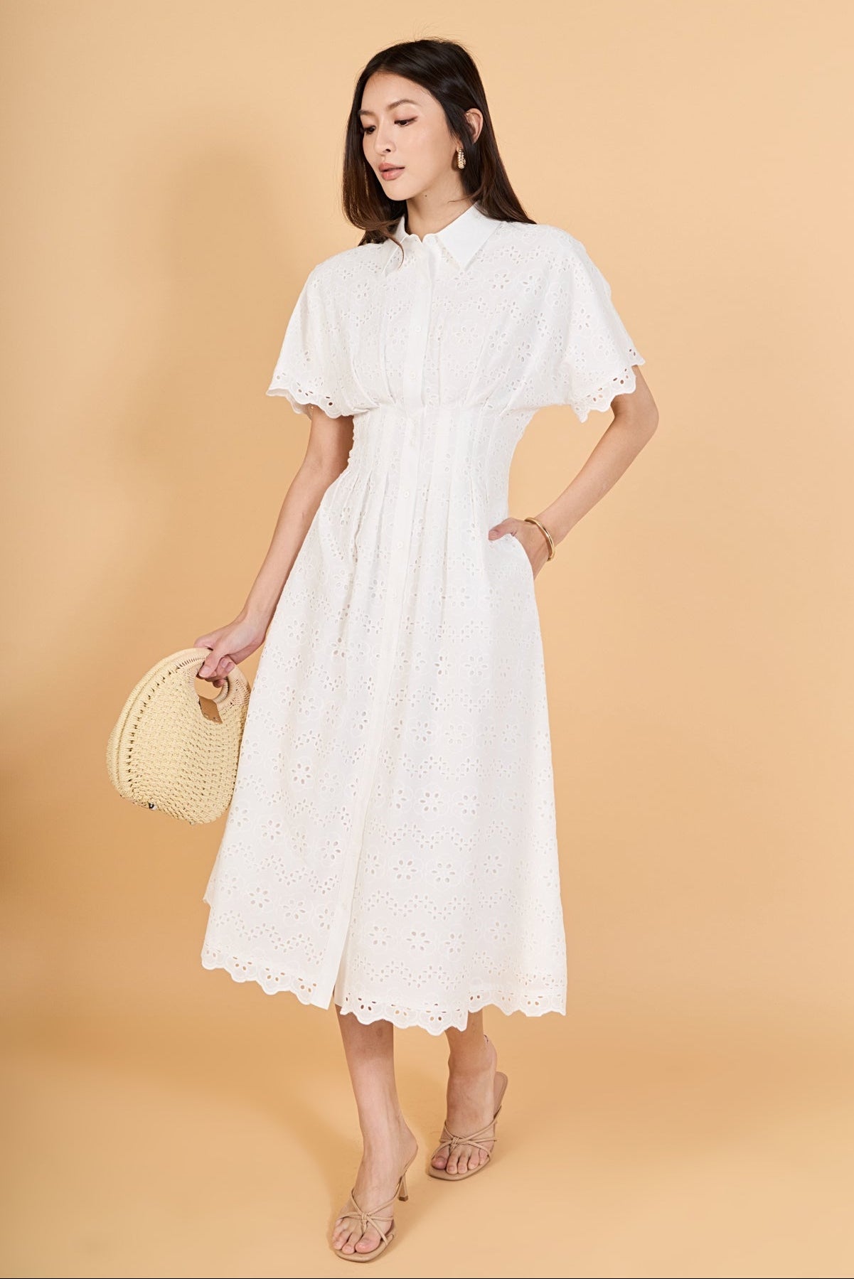 Eyelet Cinched Waist Midi Dress