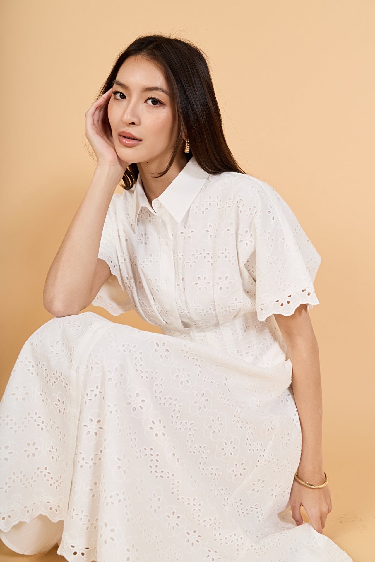 Eyelet Cinched Waist Midi Dress