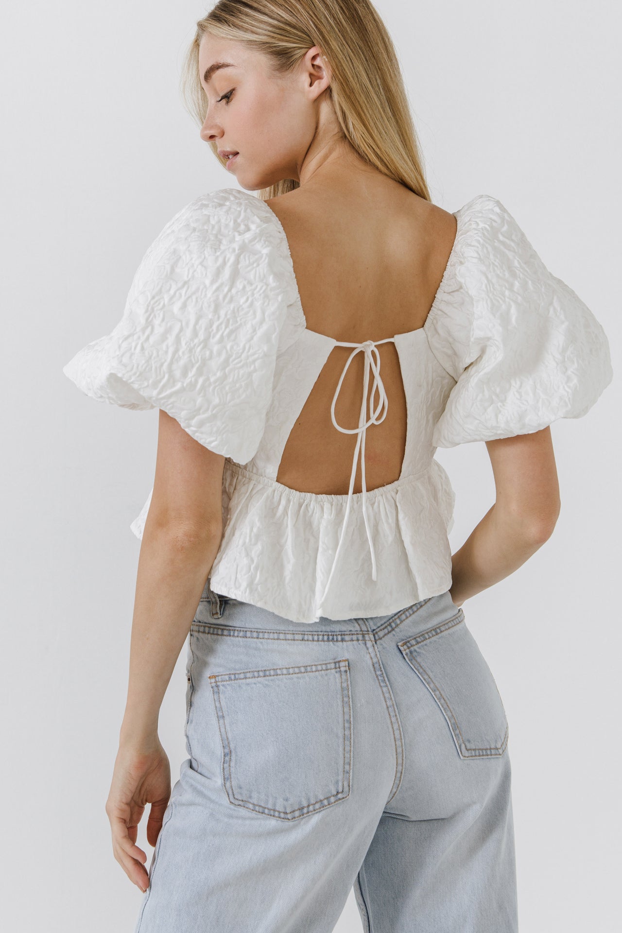 ENDLESS ROSE - Endless Rose - Square Neck Puff Sleeve Jacquard Top - TOPS available at Objectrare