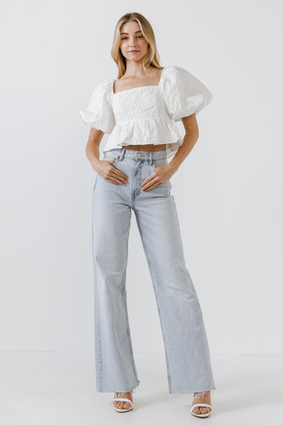 ENDLESS ROSE - Square Neck Puff Sleeve Jacquard Top - TOPS available at Objectrare