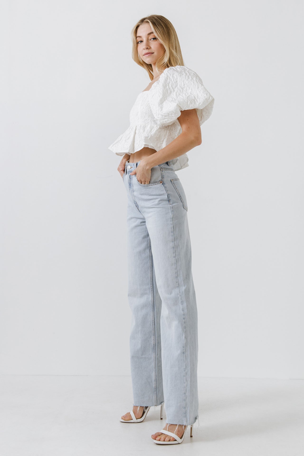 ENDLESS ROSE - Square Neck Puff Sleeve Jacquard Top - TOPS available at Objectrare