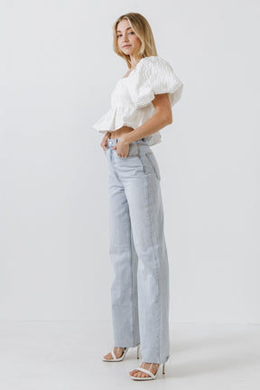ENDLESS ROSE - Square Neck Puff Sleeve Jacquard Top - TOPS available at Objectrare