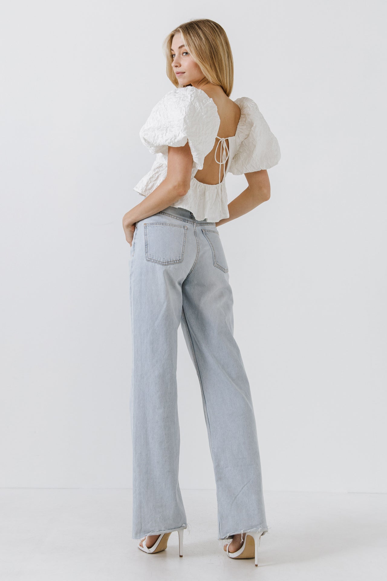 ENDLESS ROSE - Square Neck Puff Sleeve Jacquard Top - TOPS available at Objectrare