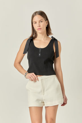 ENGLISH FACTORY - Mixed Media Bow Tie Ribbed Henley Tank - TOPS available at Objectrare