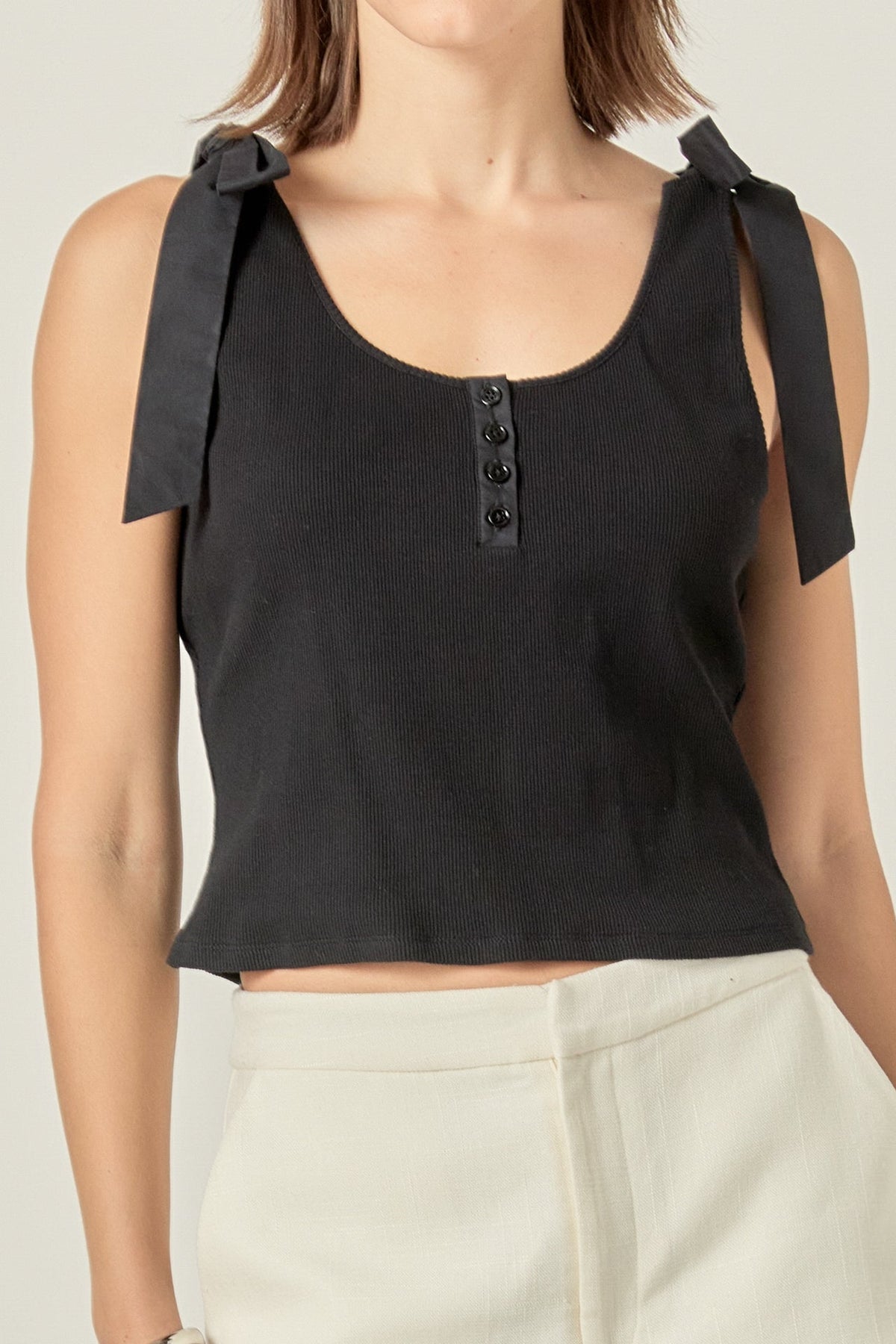 Mixed Media Bow Tie Ribbed Henley Tank