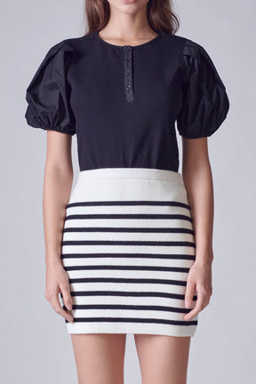 Mixed Media Puff Sleeve Henley Top
