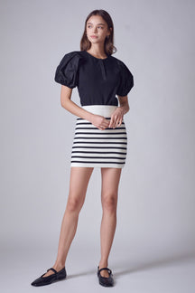 ENGLISH FACTORY - Mixed Media Puff Sleeve Henley Top - TOPS available at Objectrare