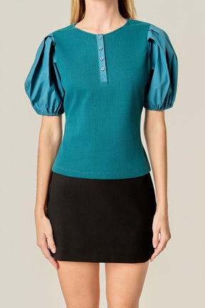 ENGLISH FACTORY - Mixed Media Puff Sleeve Henley Top - TOPS available at Objectrare
