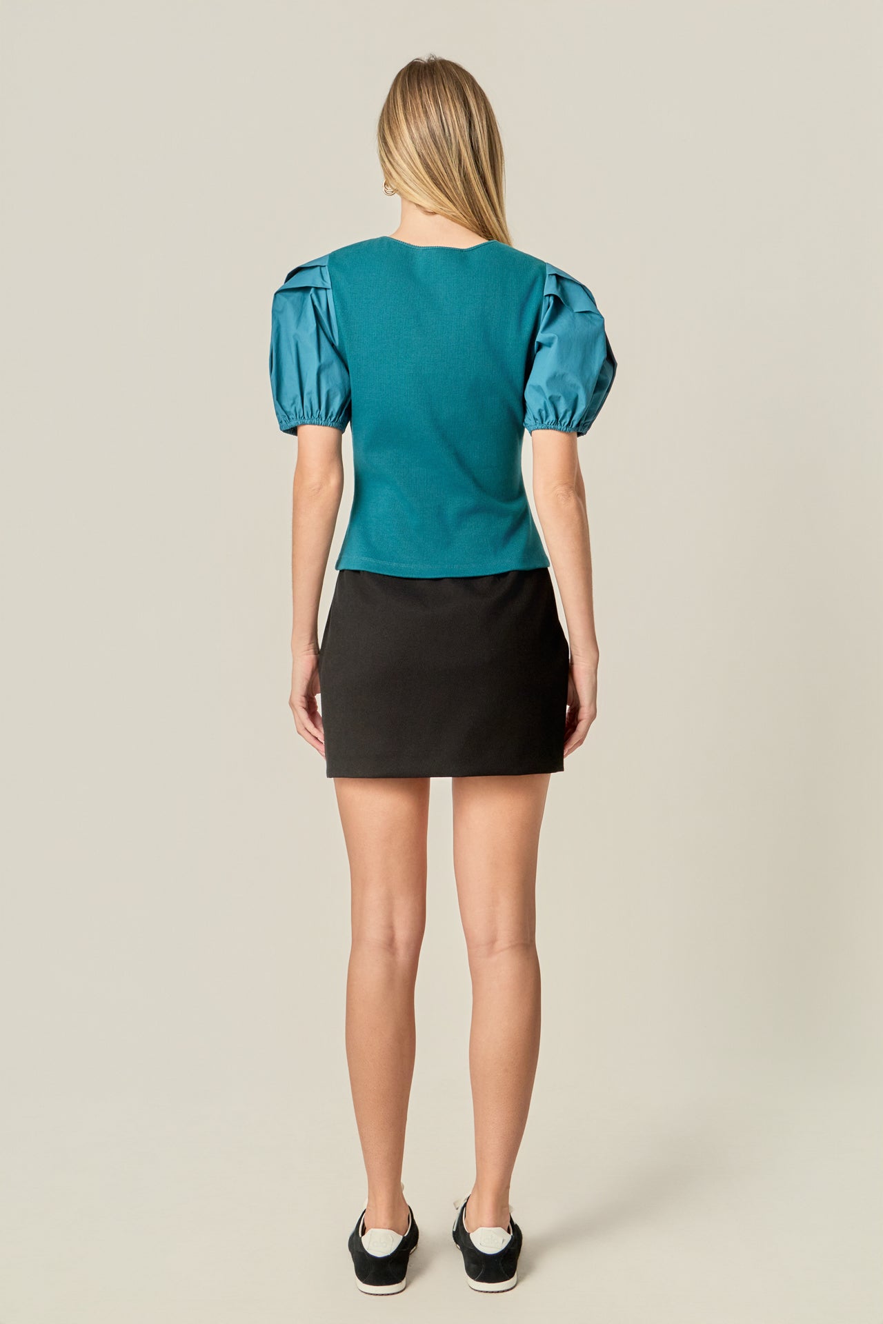 ENGLISH FACTORY - Mixed Media Puff Sleeve Henley Top - TOPS available at Objectrare