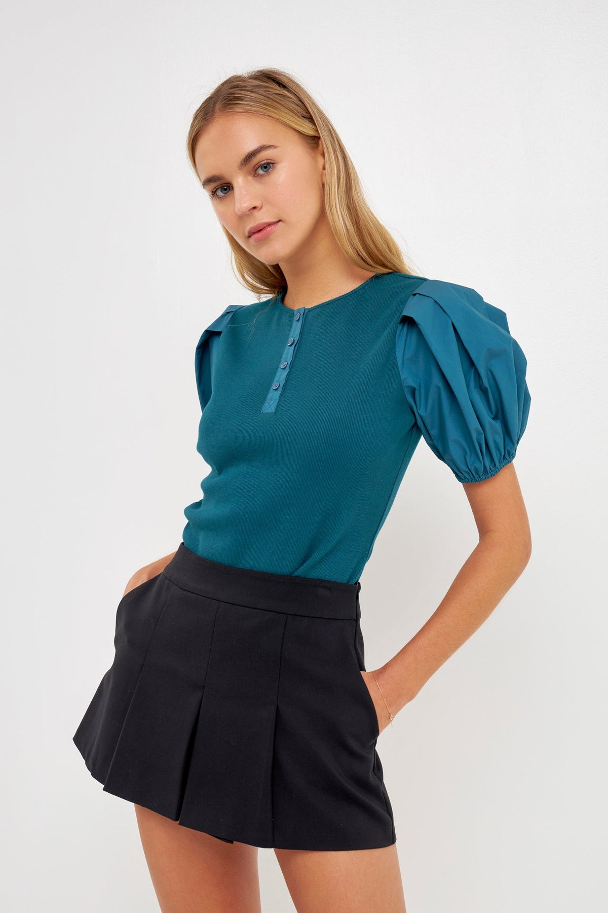 ENGLISH FACTORY - Mixed Media Puff Sleeve Henley Top - TOPS available at Objectrare