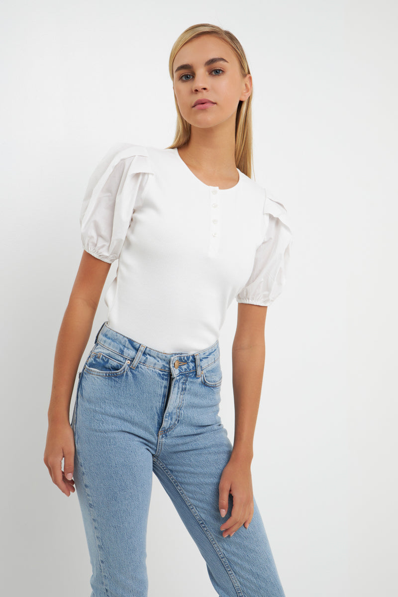 ENGLISH FACTORY - Mixed Media Puff Sleeve Henley Top - TOPS available at Objectrare