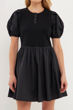 ENGLISH FACTORY - Mixed Media Henley Mini Dress - DRESSES available at Objectrare