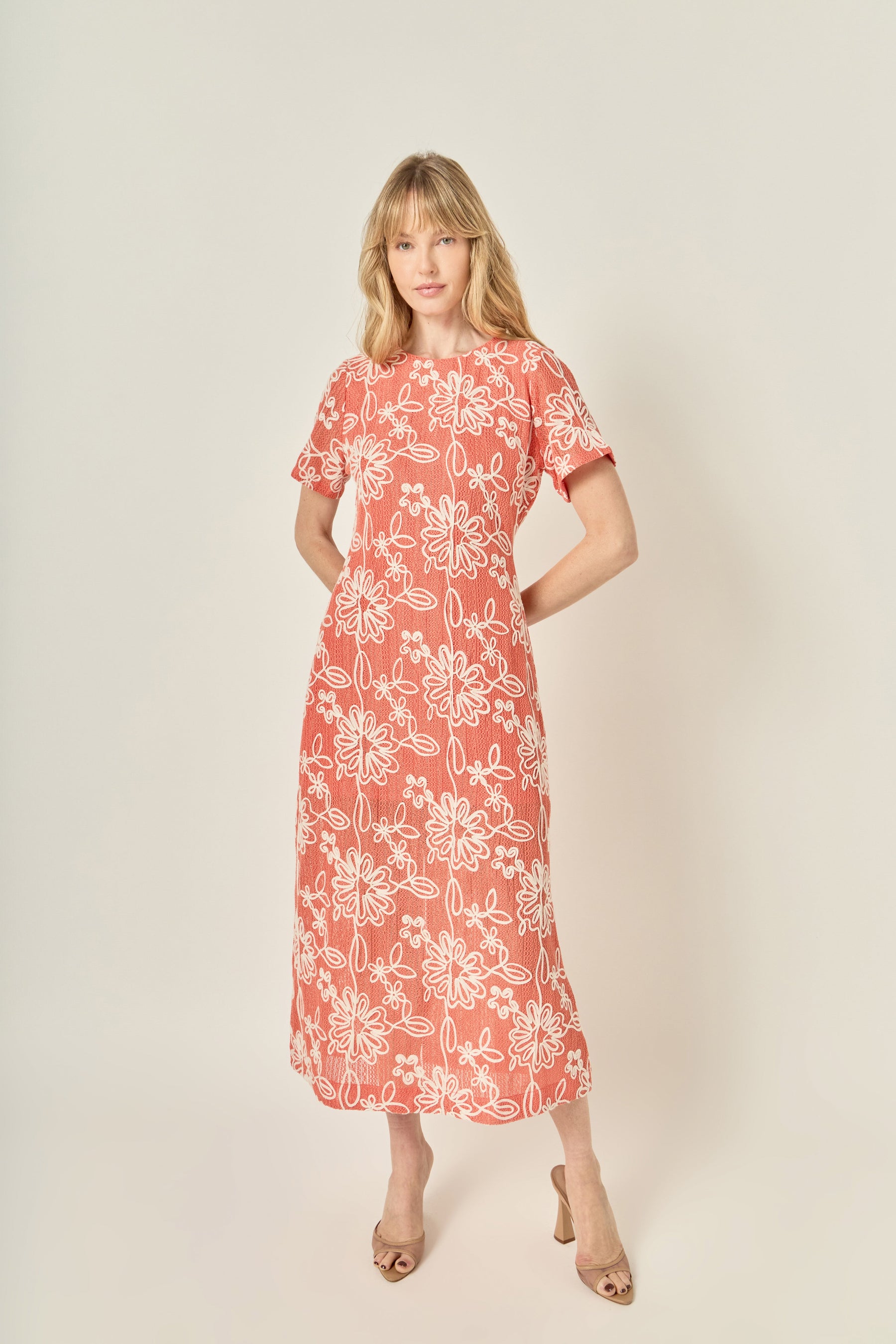 Floral Embroidered Short Sleeve Midi Dress