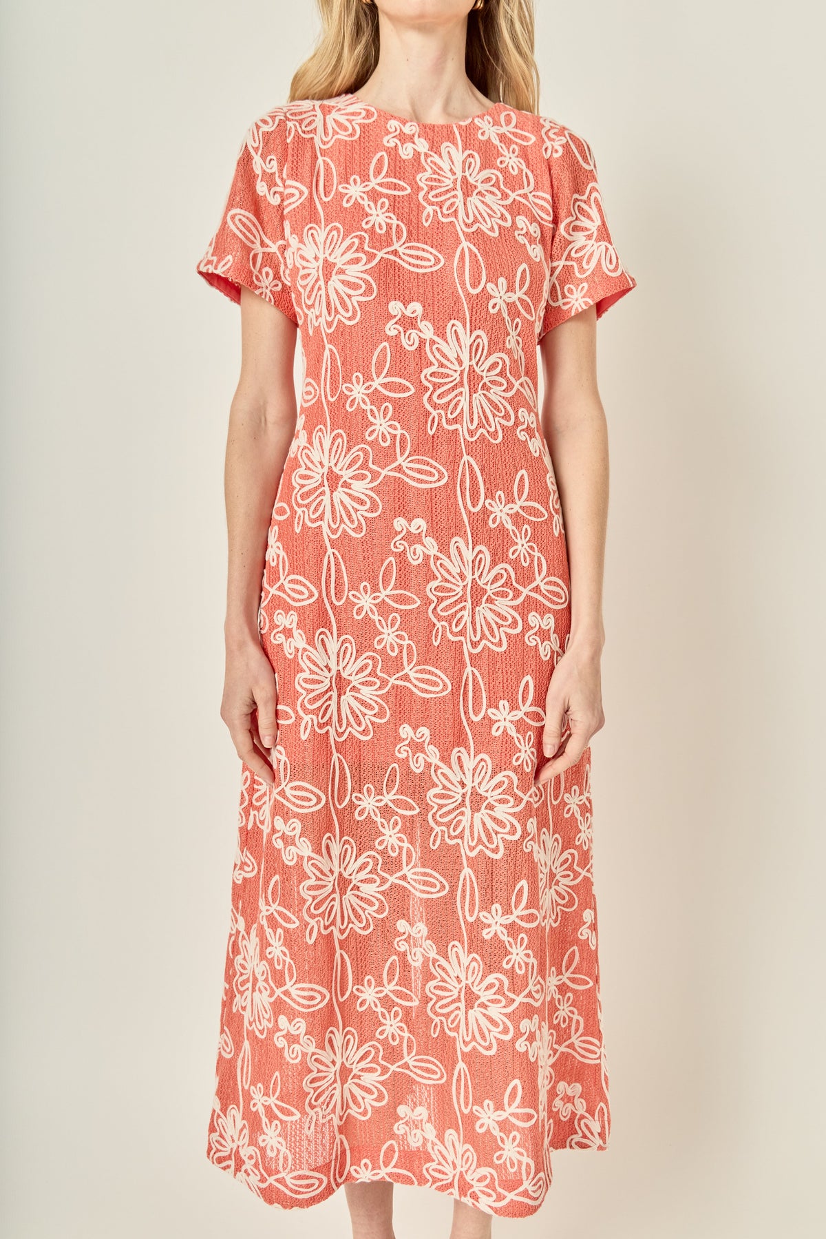 LA'VEN - Floral Embroidered Short Sleeve Midi Dress - DRESSES available at Objectrare