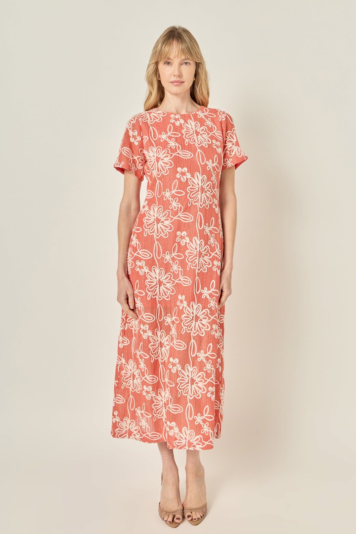LA'VEN - Floral Embroidered Short Sleeve Midi Dress - DRESSES available at Objectrare