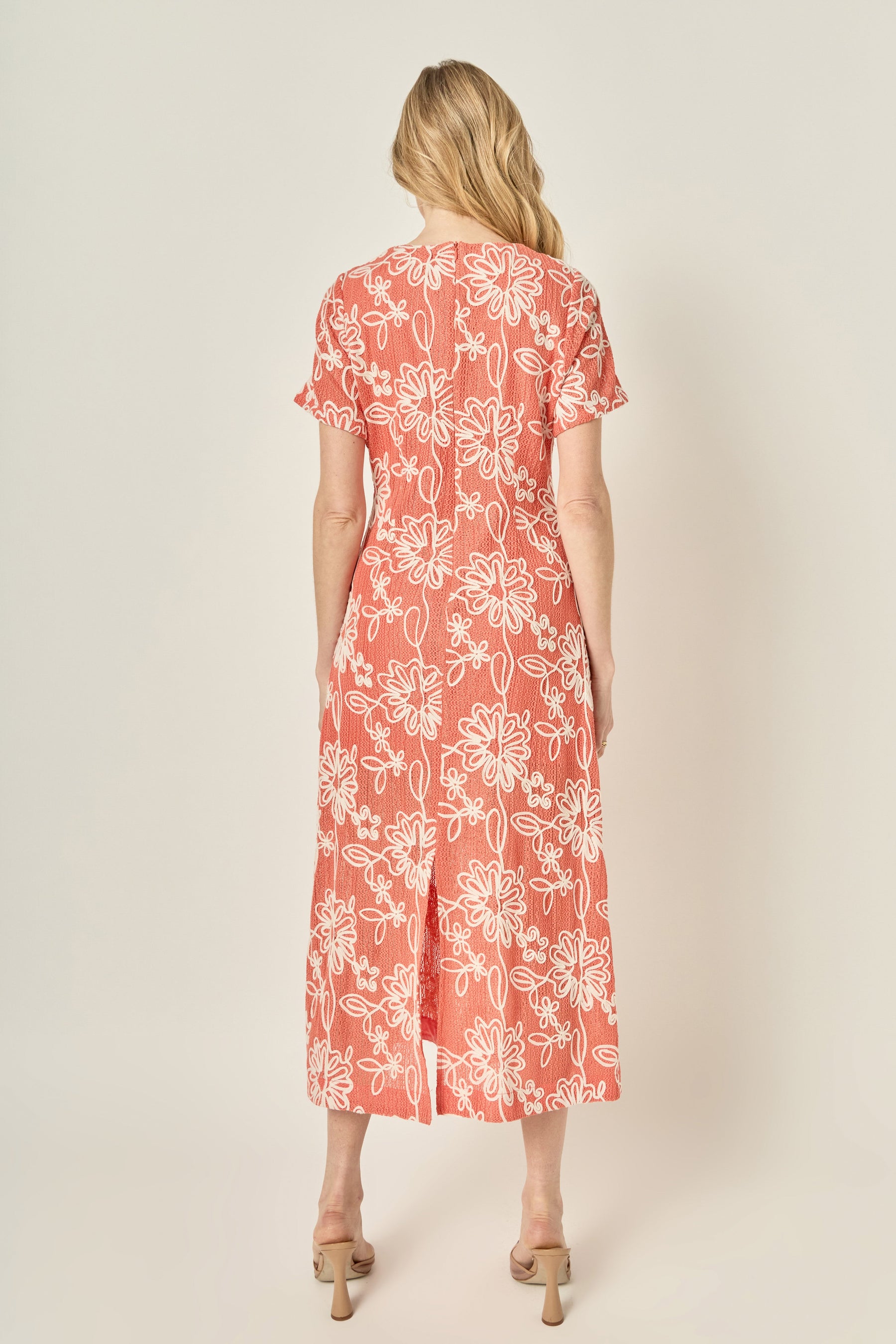 Floral Embroidered Short Sleeve Midi Dress
