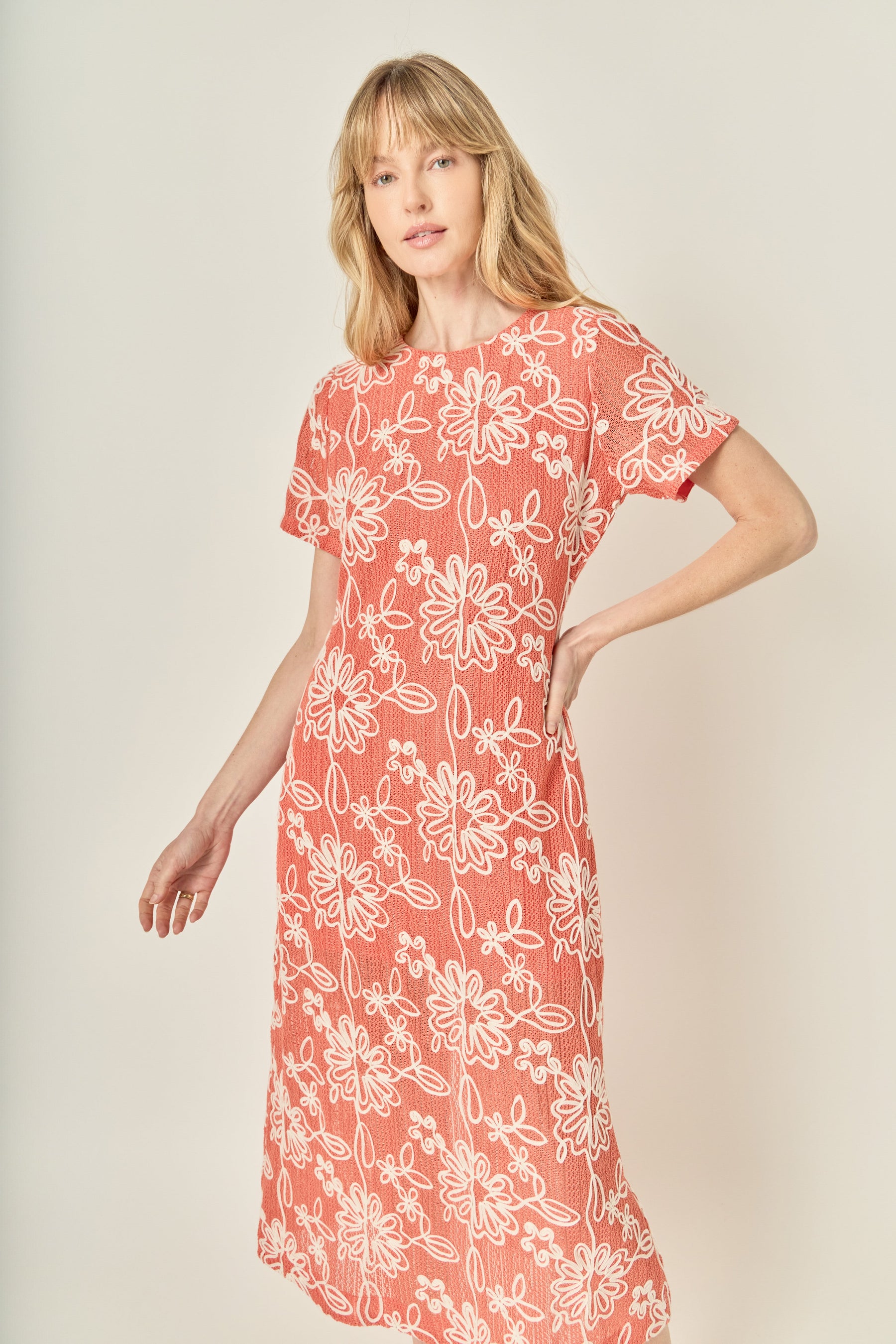 Floral Embroidered Short Sleeve Midi Dress