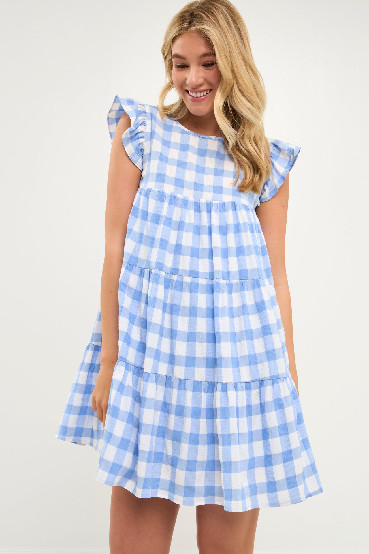 AFTER MARKET Textured Gingham Baby Doll Dress, Beige, M