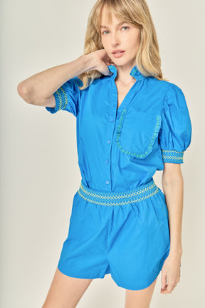 Puff Sleeve Ruffle Neck Top