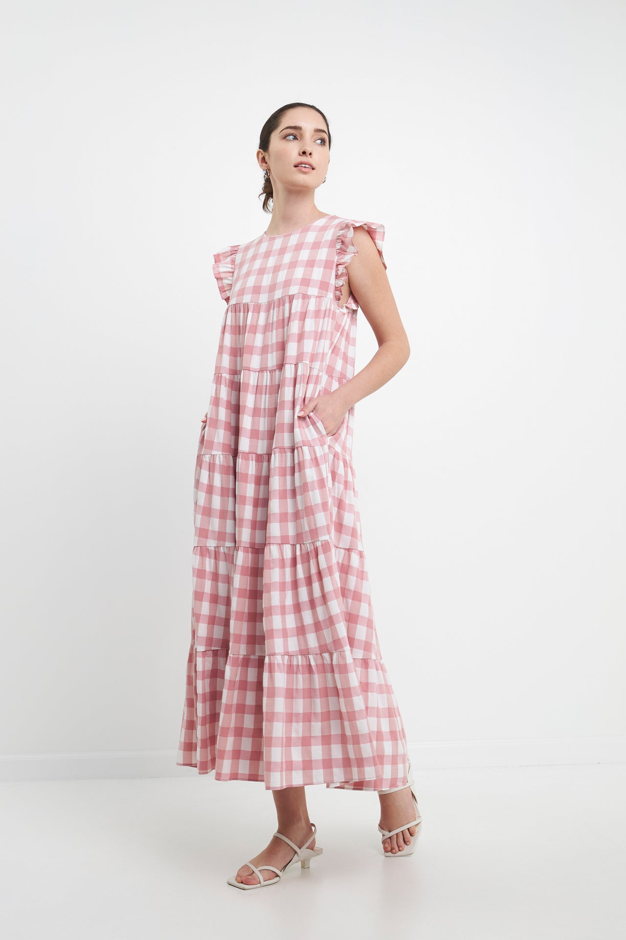 ENGLISH FACTORY - Textured Gingham Maxi Tiered Baby Doll Dress - DRESSES available at Objectrare