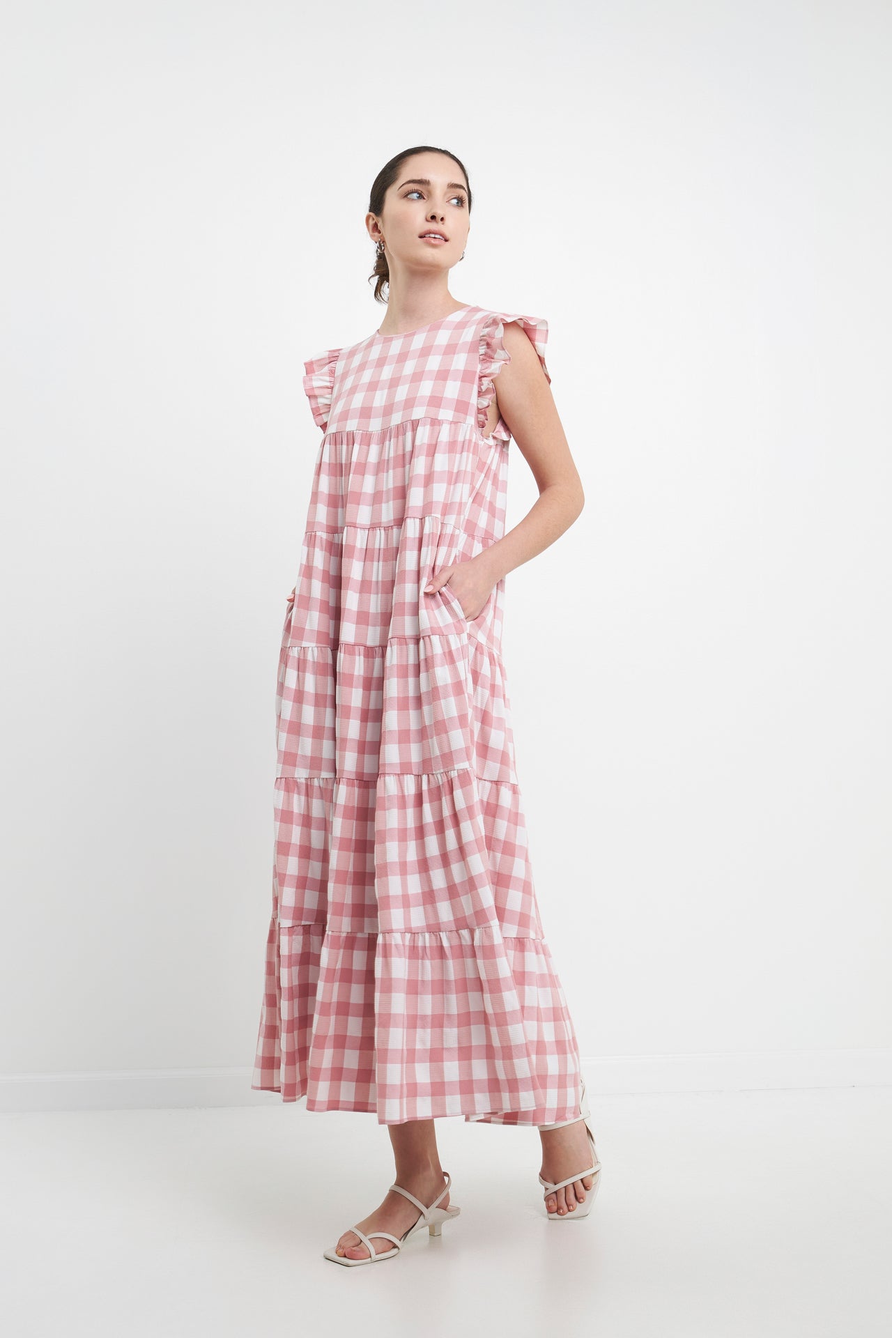 ENGLISH FACTORY - English Factory - Textured Gingham Maxi Tiered Baby Doll Dress - DRESSES available at Objectrare