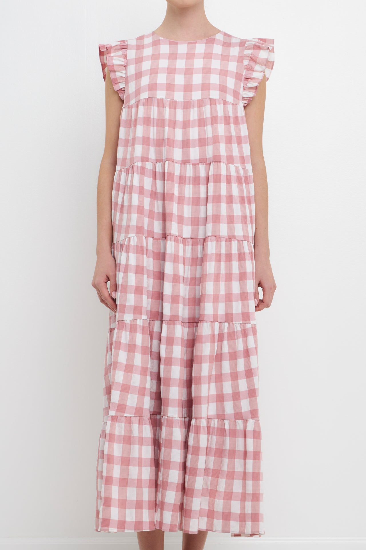 ENGLISH FACTORY - English Factory - Textured Gingham Maxi Tiered Baby Doll Dress - DRESSES available at Objectrare