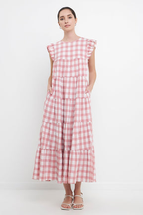 ENGLISH FACTORY - Textured Gingham Maxi Tiered Baby Doll Dress - DRESSES available at Objectrare