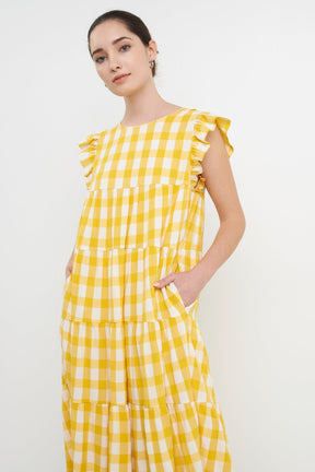 ENGLISH FACTORY - Textured Gingham Maxi Tiered Baby Doll Dress - DRESSES available at Objectrare