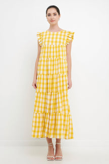 ENGLISH FACTORY - Textured Gingham Maxi Tiered Baby Doll Dress - DRESSES available at Objectrare