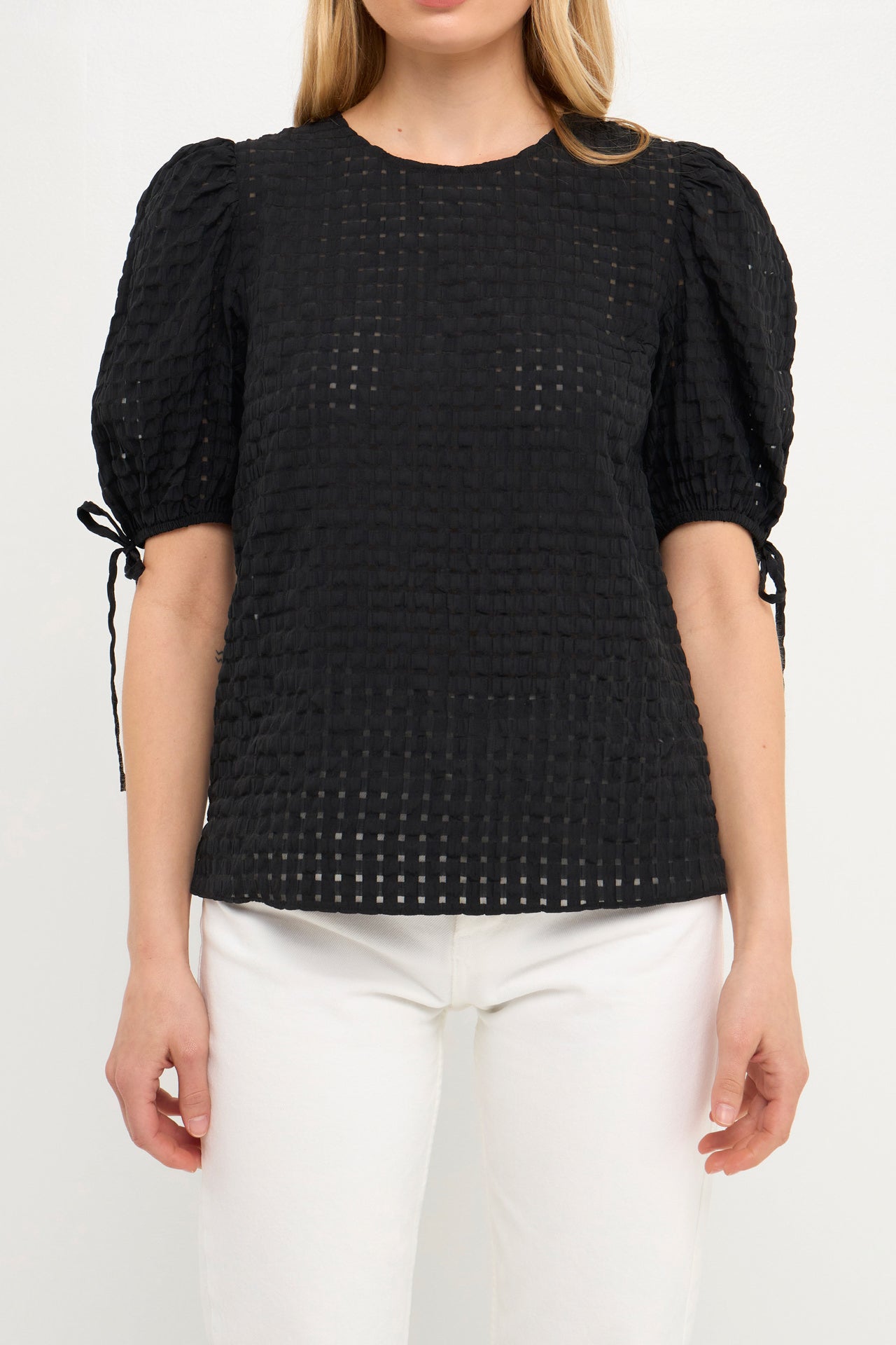 ENGLISH FACTORY - Checked Sheer Puff Sleeve Blouse - TOPS available at Objectrare