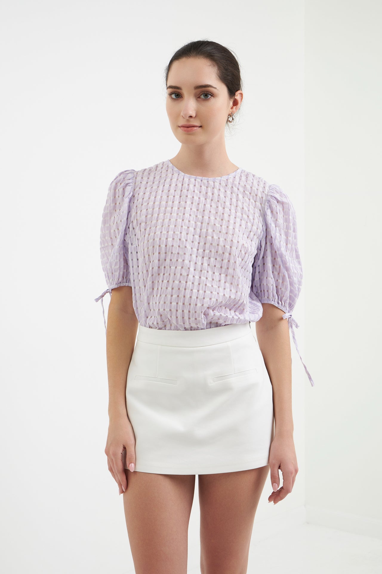 ENGLISH FACTORY - Checked Sheer Puff Sleeve Blouse - TOPS available at Objectrare