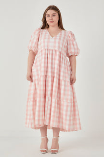 ENGLISH FACTORY - Gingham Puff Sleeve Tiered Maxi Dress - DRESSES available at Objectrare