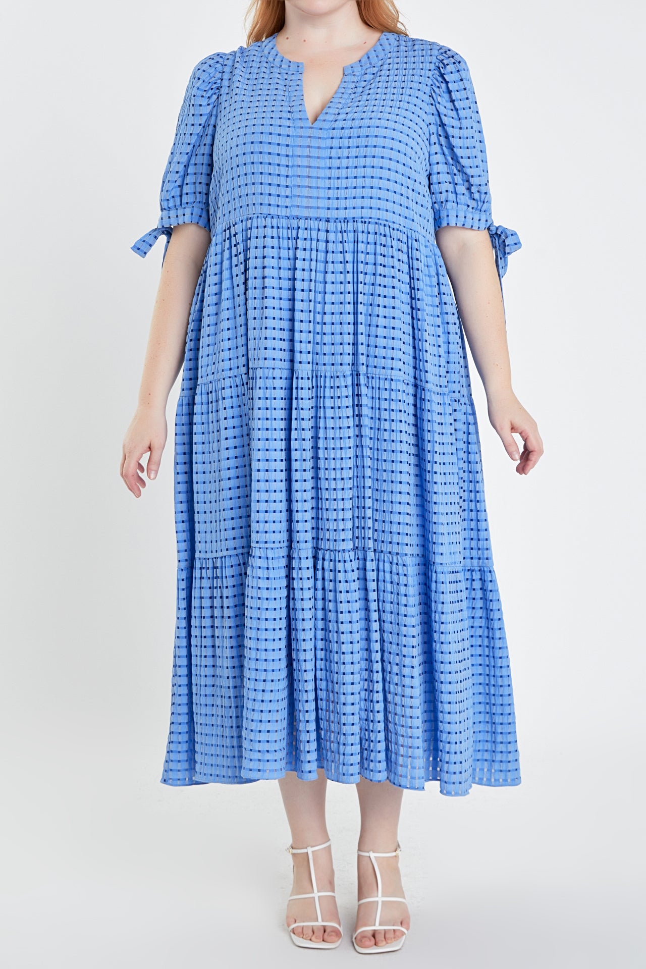 ENGLISH FACTORY - English Factory - Gingham Tiered Midi Dress with Bow Tie Sleeves - Plus - DRESSES available at Objectrare