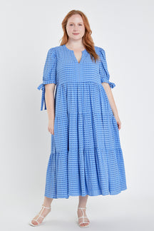 ENGLISH FACTORY - English Factory - Gingham Tiered Midi Dress with Bow Tie Sleeves - Plus - DRESSES available at Objectrare