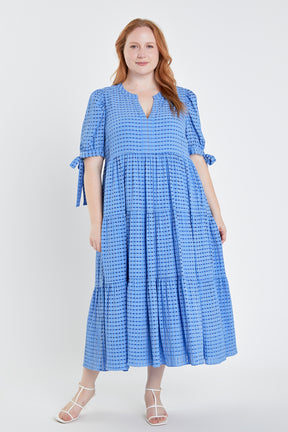 ENGLISH FACTORY - English Factory - Gingham Tiered Midi Dress with Bow Tie Sleeves - Plus - DRESSES available at Objectrare