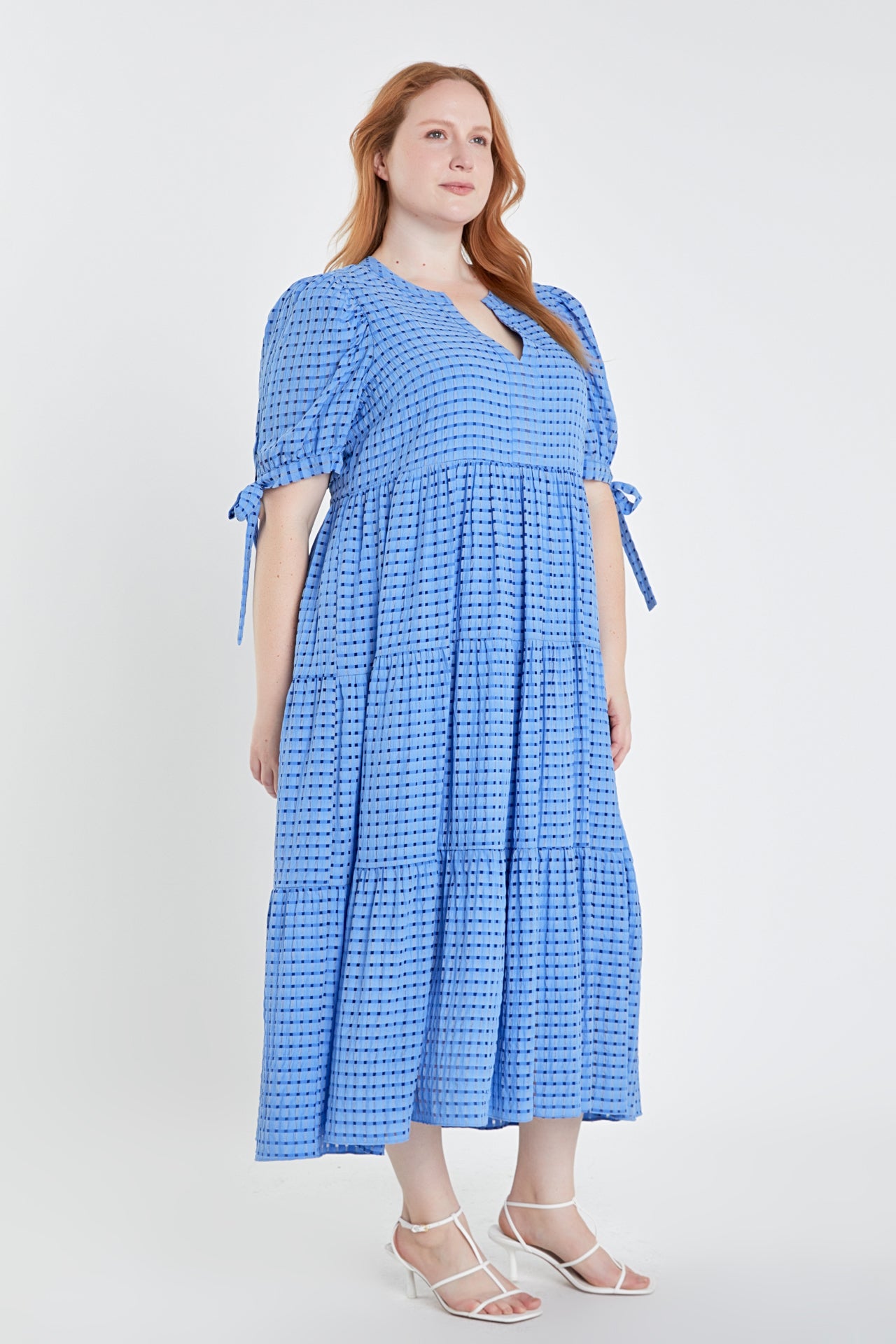 ENGLISH FACTORY - English Factory - Gingham Tiered Midi Dress with Bow Tie Sleeves - Plus - DRESSES available at Objectrare