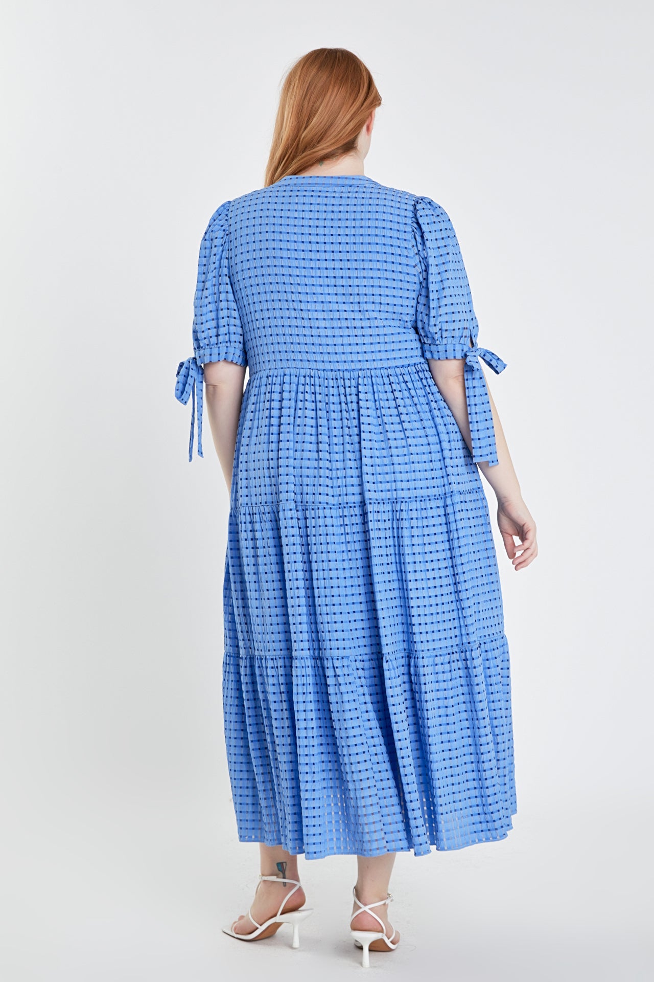 ENGLISH FACTORY - English Factory - Gingham Tiered Midi Dress with Bow Tie Sleeves - Plus - DRESSES available at Objectrare