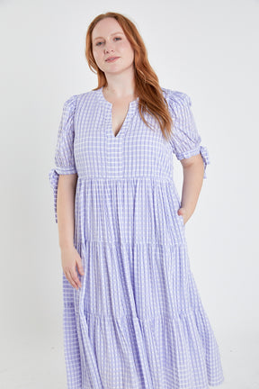 ENGLISH FACTORY - English Factory - Gingham Tiered Midi Dress with Bow Tie Sleeves - Plus - DRESSES available at Objectrare