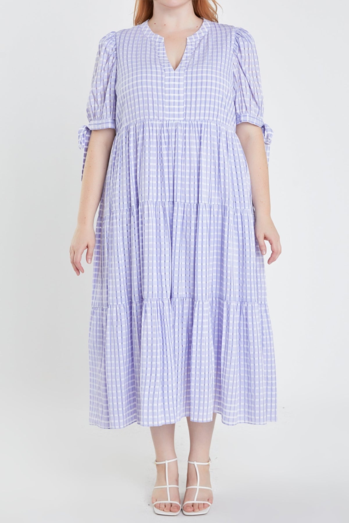Gingham Tiered Midi Dress with Bow Tie Sleeves