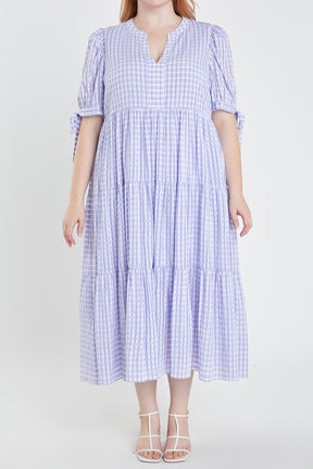 ENGLISH FACTORY - English Factory - Gingham Tiered Midi Dress with Bow Tie Sleeves - Plus - DRESSES available at Objectrare