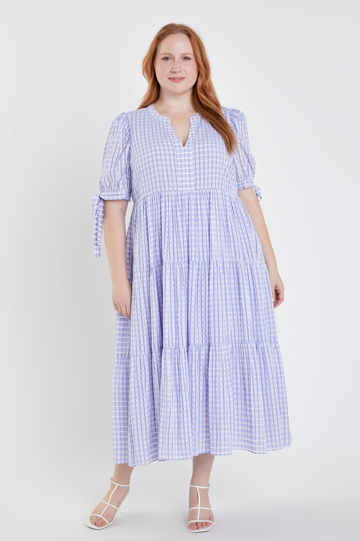 Gingham Tiered Midi Dress with Bow Tie Sleeves