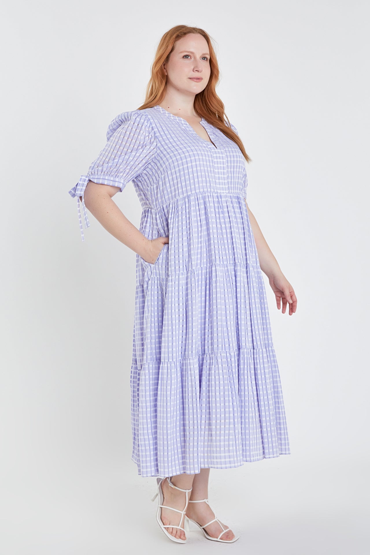 ENGLISH FACTORY - English Factory - Gingham Tiered Midi Dress with Bow Tie Sleeves - Plus - DRESSES available at Objectrare