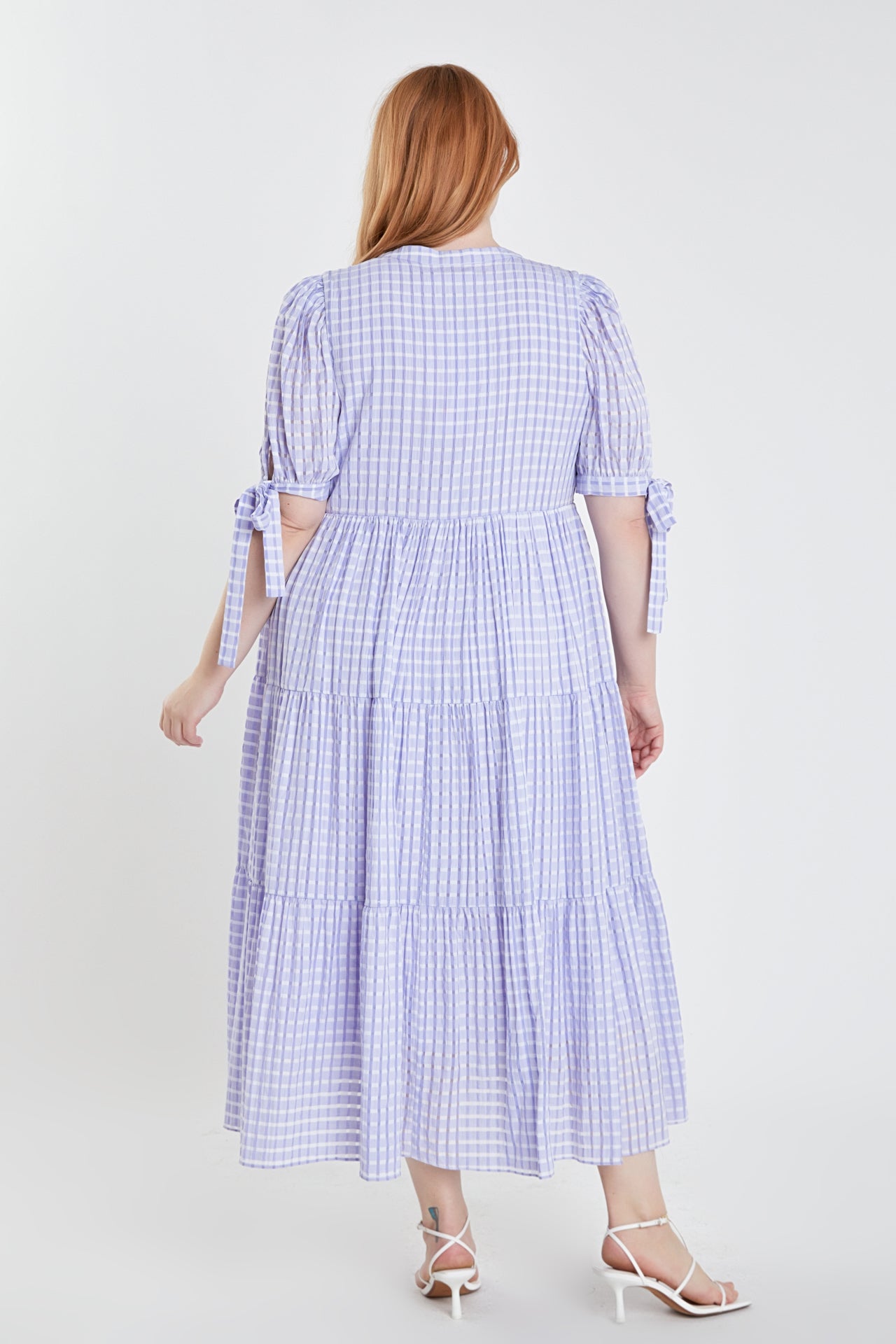 ENGLISH FACTORY - English Factory - Gingham Tiered Midi Dress with Bow Tie Sleeves - Plus - DRESSES available at Objectrare