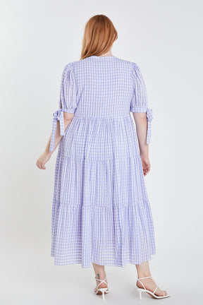 ENGLISH FACTORY - English Factory - Gingham Tiered Midi Dress with Bow Tie Sleeves - Plus - DRESSES available at Objectrare