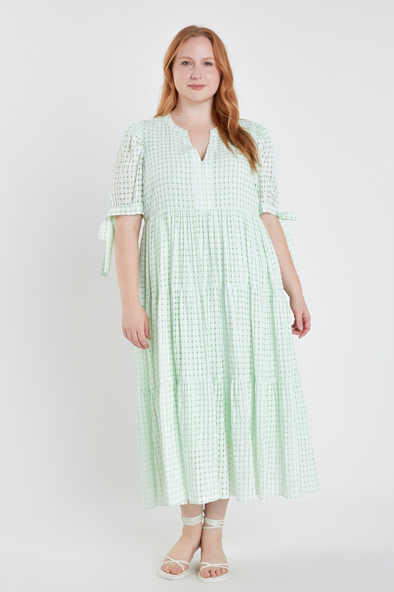 ENGLISH FACTORY - English Factory - Gingham Tiered Midi Dress with Bow Tie Sleeves - Plus - DRESSES available at Objectrare