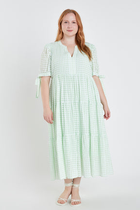 ENGLISH FACTORY - English Factory - Gingham Tiered Midi Dress with Bow Tie Sleeves - Plus - DRESSES available at Objectrare