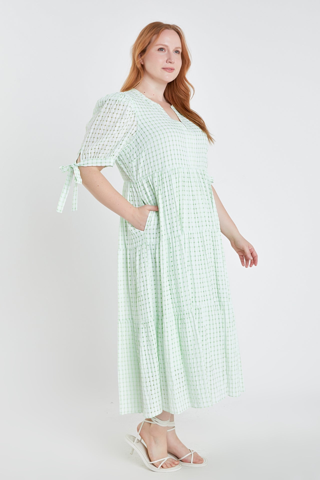 ENGLISH FACTORY - English Factory - Gingham Tiered Midi Dress with Bow Tie Sleeves - Plus - DRESSES available at Objectrare